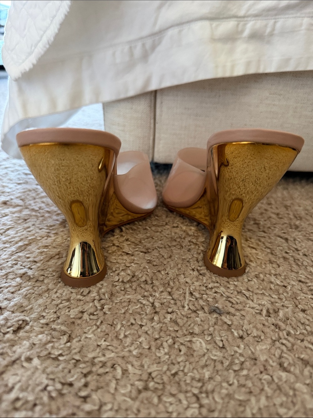 SCHUTZ Blush Pink Clear Band Mules with Gold Sculpted Heel - Picture 2 of 6